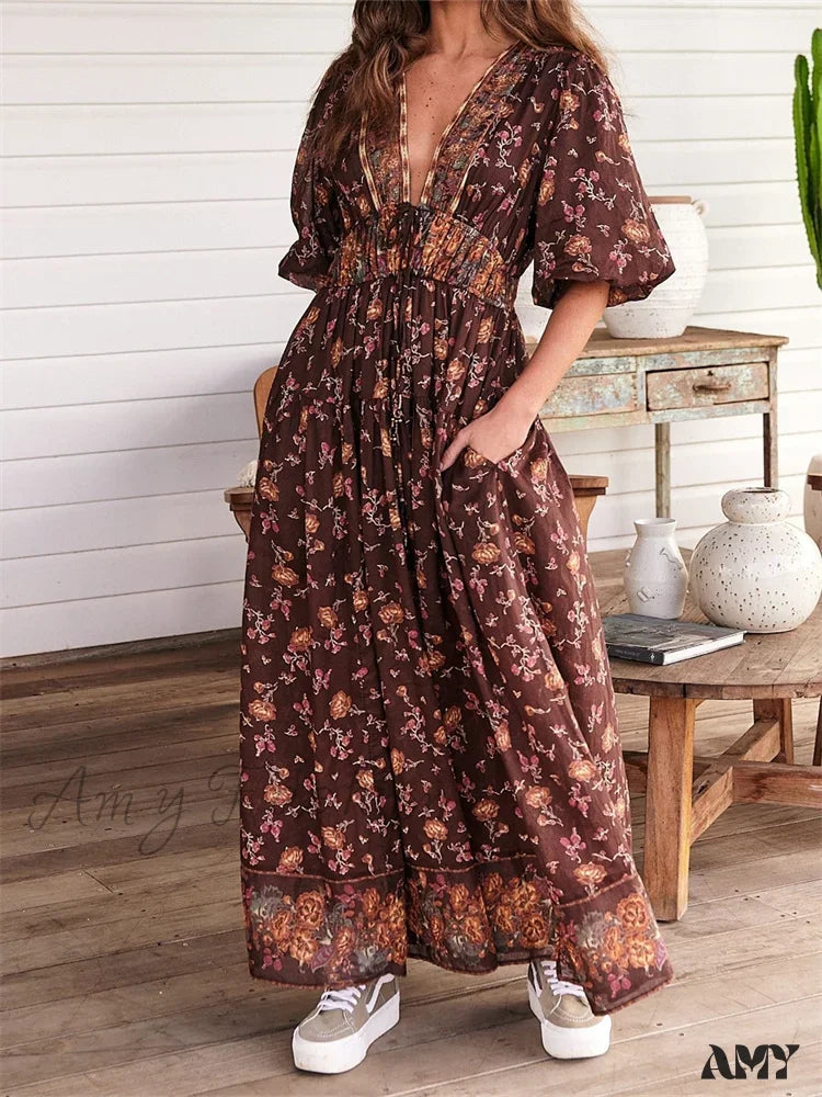 Amy Fashion - Vintage Women Summer Beach Short Sleeve Deep V Neck Boho Floral Print Party Female