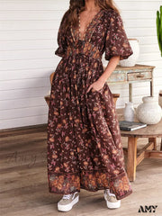 Amy Fashion - Vintage Women Summer Beach Short Sleeve Deep V Neck Boho Floral Print Party Female