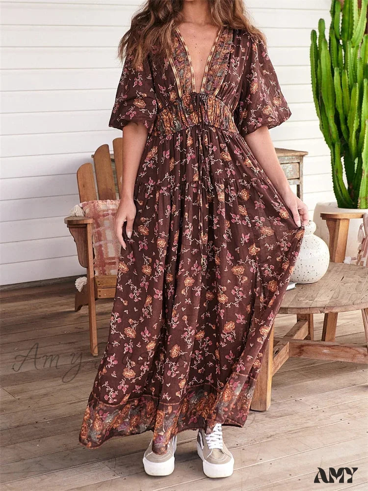 Amy Fashion - Vintage Women Summer Beach Short Sleeve Deep V Neck Boho Floral Print Party Female