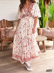 Amy Fashion - Vintage Women Summer Beach Short Sleeve Deep V Neck Boho Floral Print Party Female