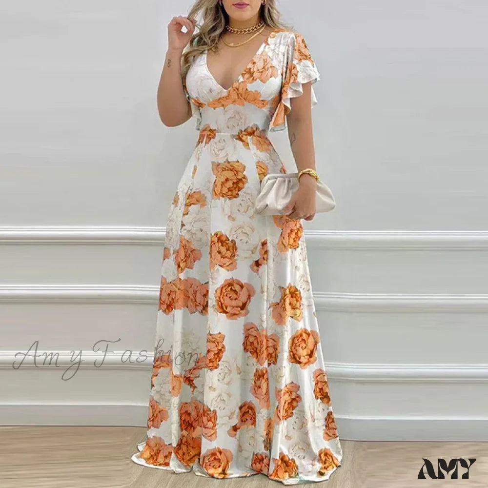 Amy Fashion - Waist-Flare Summer Daily Casual Boho Dress Orange Red / S