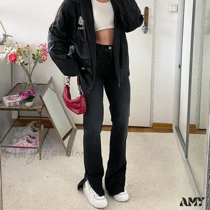 Amy Fashion - Waist Vintage Straight Split Denim Pants Black Jeans / M