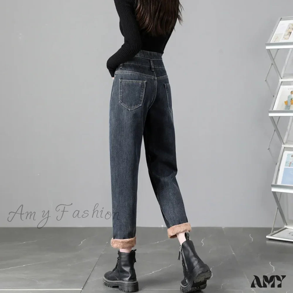 Amy Fashion - Warm Harem Thicken High Waist Vintage Loose Wide-Leg Fleece Denim Jean