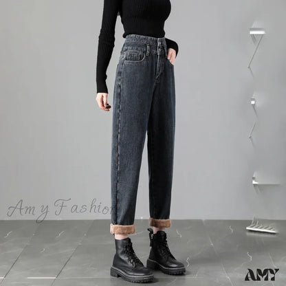 Amy Fashion - Warm Harem Thicken High Waist Vintage Loose Wide-Leg Fleece Denim Jean Blue Grey / Xs