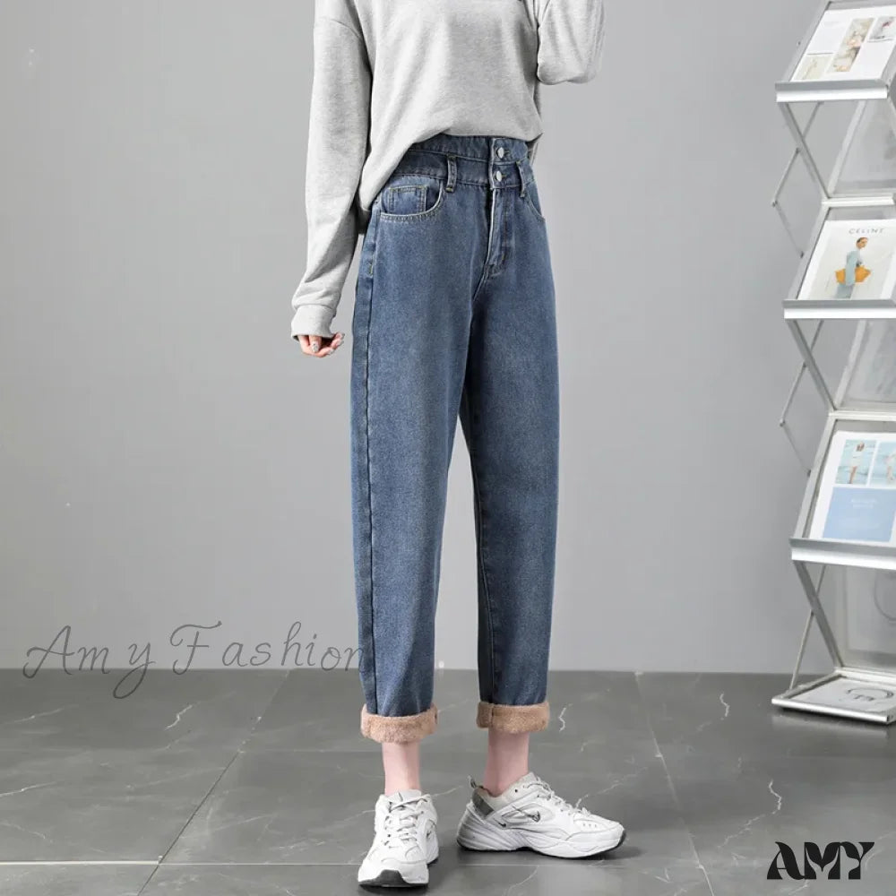 Amy Fashion - Warm Harem Thicken High Waist Vintage Loose Wide-Leg Fleece Denim Jean Blue / Xs