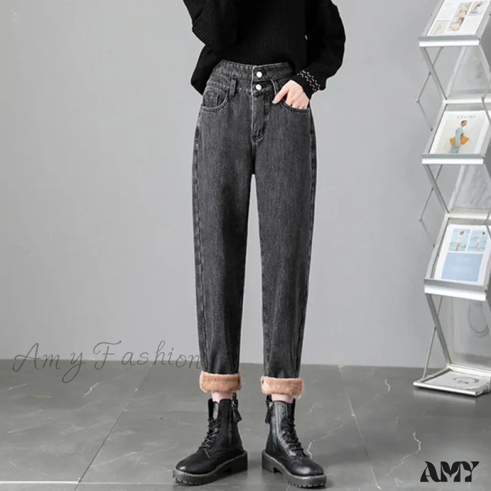 Amy Fashion - Warm Harem Thicken High Waist Vintage Loose Wide-Leg Fleece Denim Jean Grey / Xs