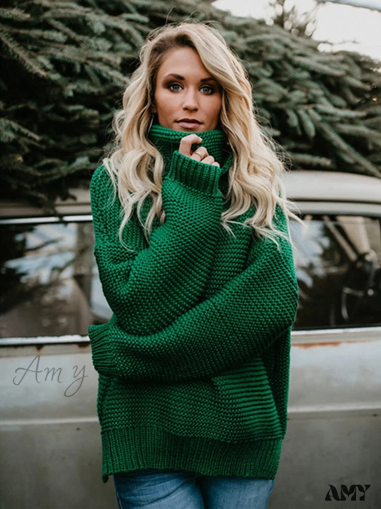 Amy Fashion - Warm Knitted Oversized Turtleneck Sweater Green / S