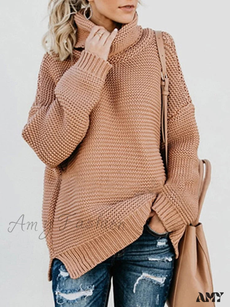 Amy Fashion - Warm Knitted Oversized Turtleneck Sweater Khaki / S