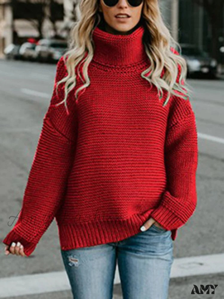 Amy Fashion - Warm Knitted Oversized Turtleneck Sweater Red / S