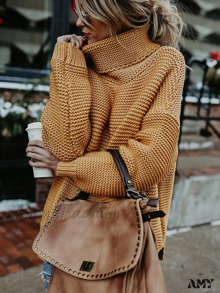 Amy Fashion - Warm Knitted Oversized Turtleneck Sweater Yellow / S