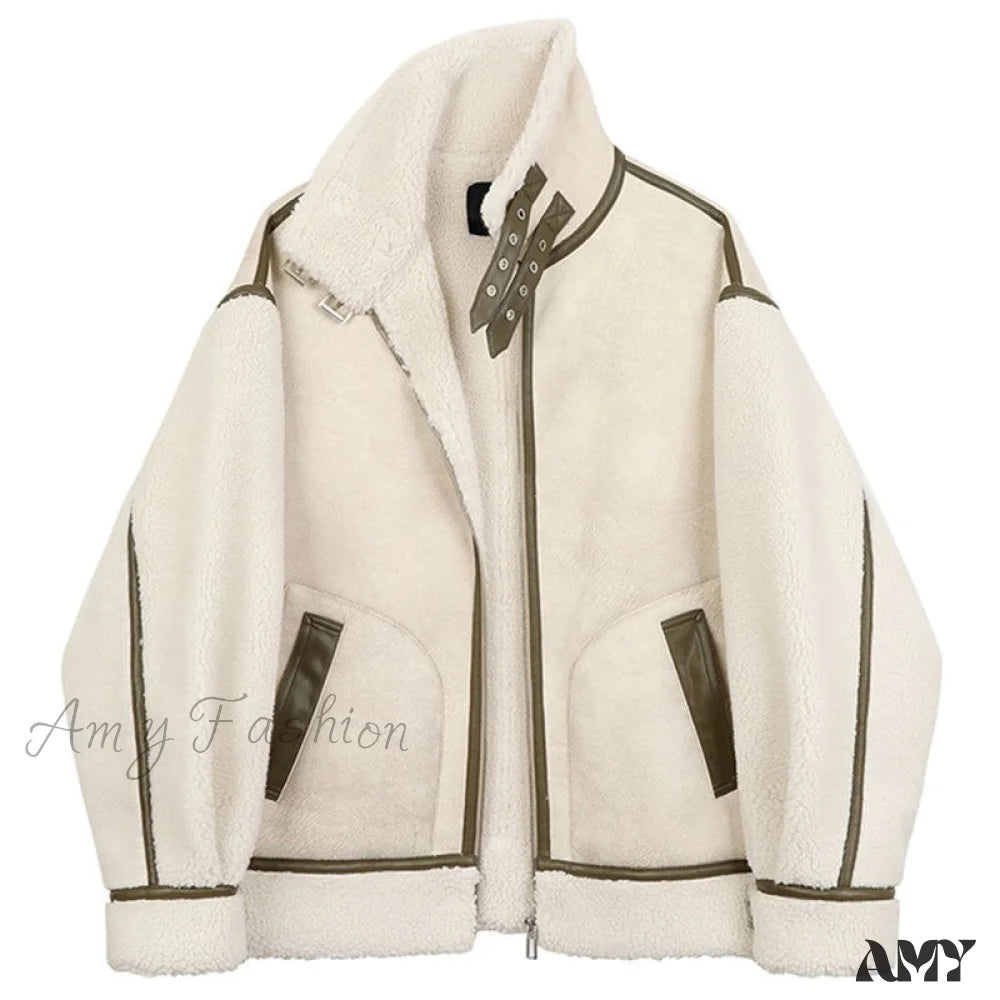 Amy Fashion - Warm Loose Leather Patchwork Jacket Beige / S