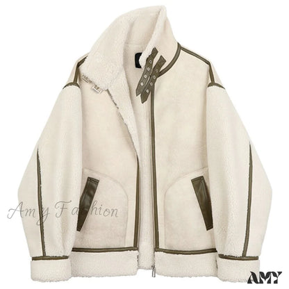 Amy Fashion - Warm Loose Leather Patchwork Jacket Beige / S