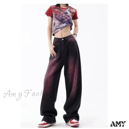 Amy Fashion - Washed Youth Literary Trend Loose High Street Harajuku Jean Black / S