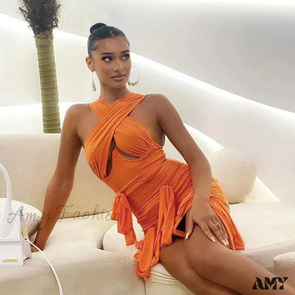 Amy Fashion - White Bandage Ruched Orange Mini Dresses