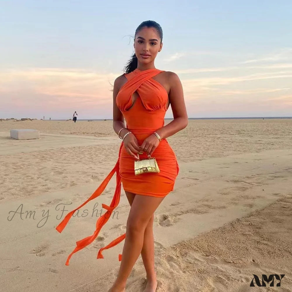 Amy Fashion - White Bandage Ruched Orange Mini Dresses