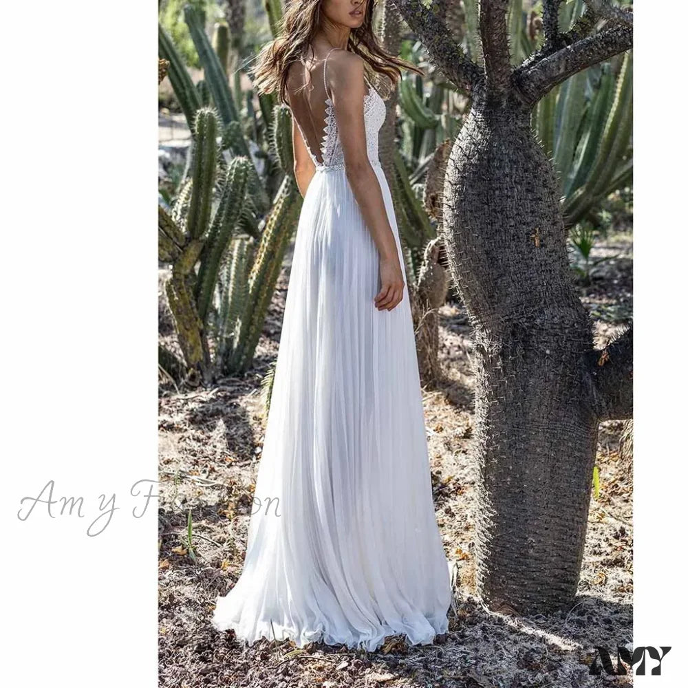 Amy Fashion - White Lace Maxi V-Neck Slim Sleeveless Boho Dress