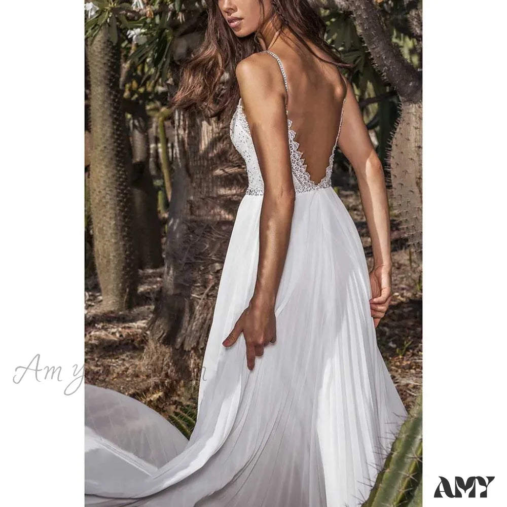 Amy Fashion - White Lace Maxi V-Neck Slim Sleeveless Boho Dress