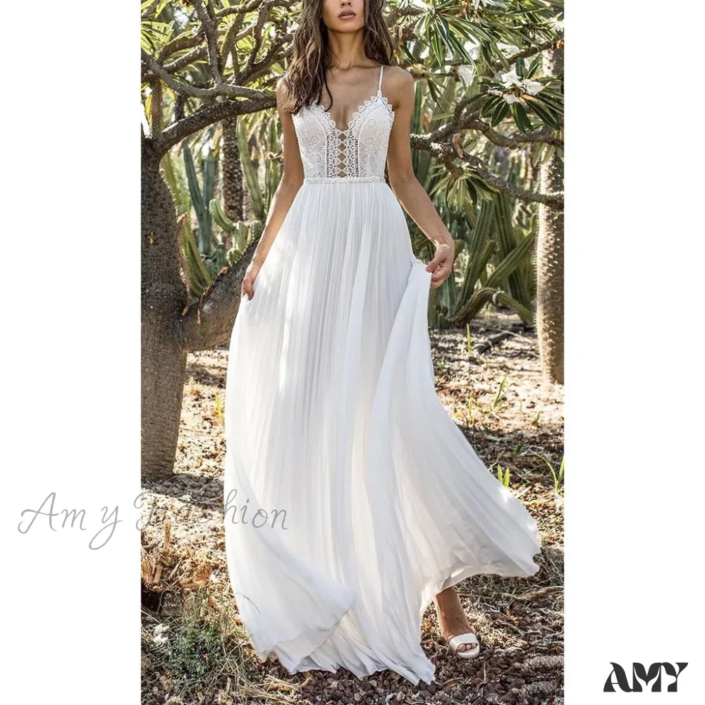 Amy Fashion - White Lace Maxi V-Neck Slim Sleeveless Boho Dress / M