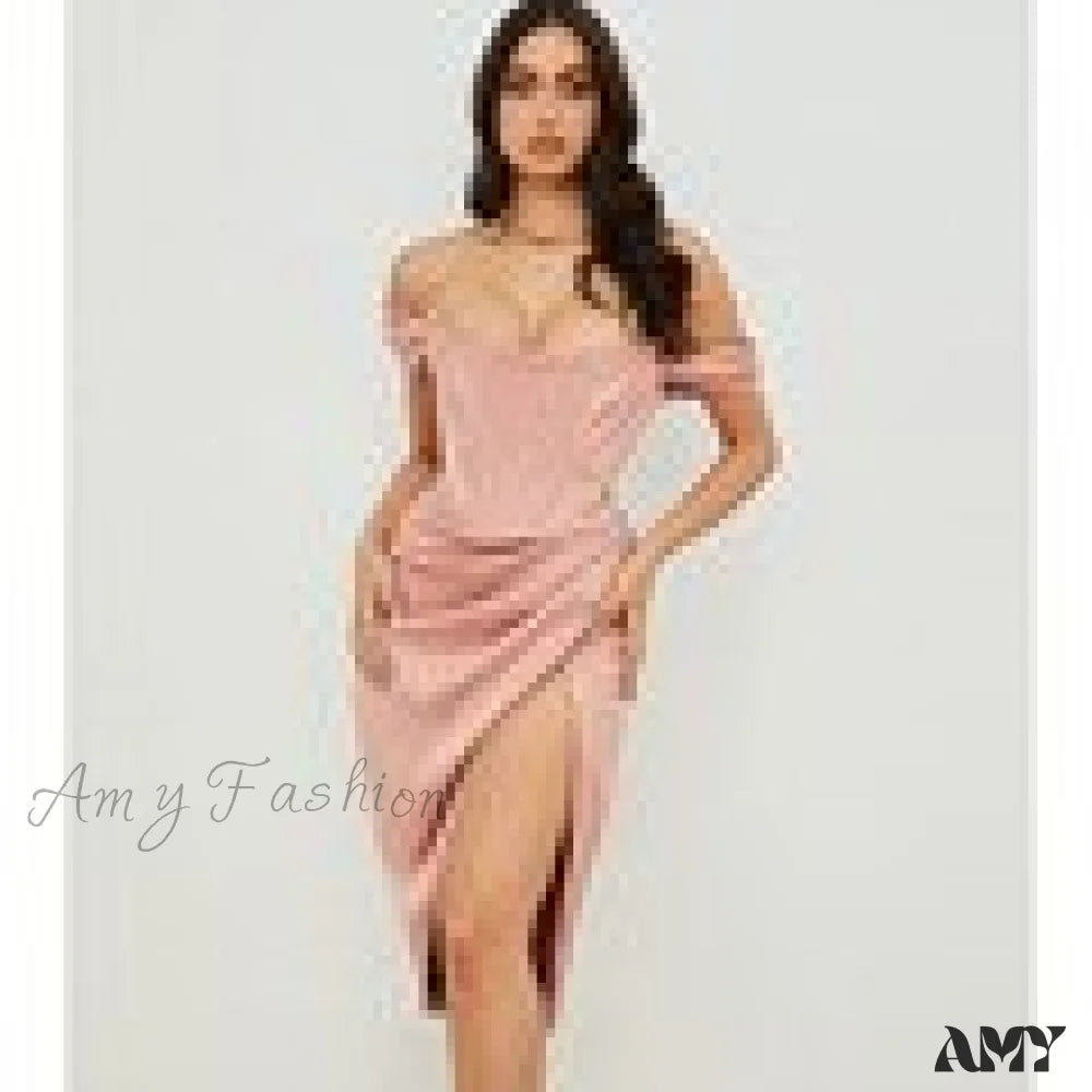 Amy Fashion - White Off Shoulder Sexy High Split Strapless Dress Pink / Xl