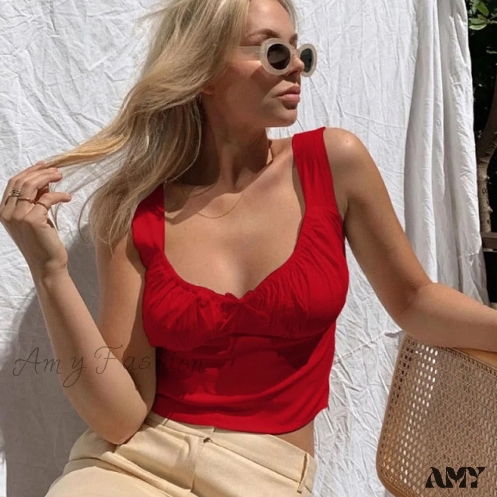 Amy Fashion - White Ruched Bow Slim Camis Red / S