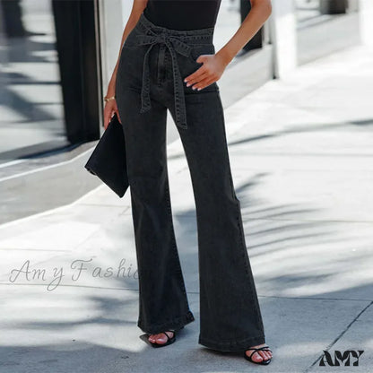 Amy Fashion - Wide Leg Flare Full Length Slim Skinny High Waist Vintage Fashionable Denim Jean