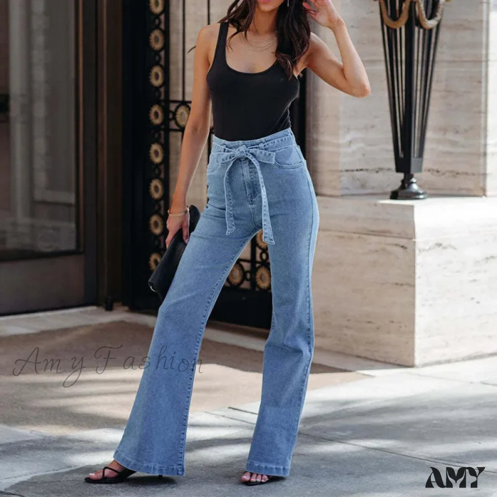 Amy Fashion - Wide Leg Flare Full Length Slim Skinny High Waist Vintage Fashionable Denim Jean