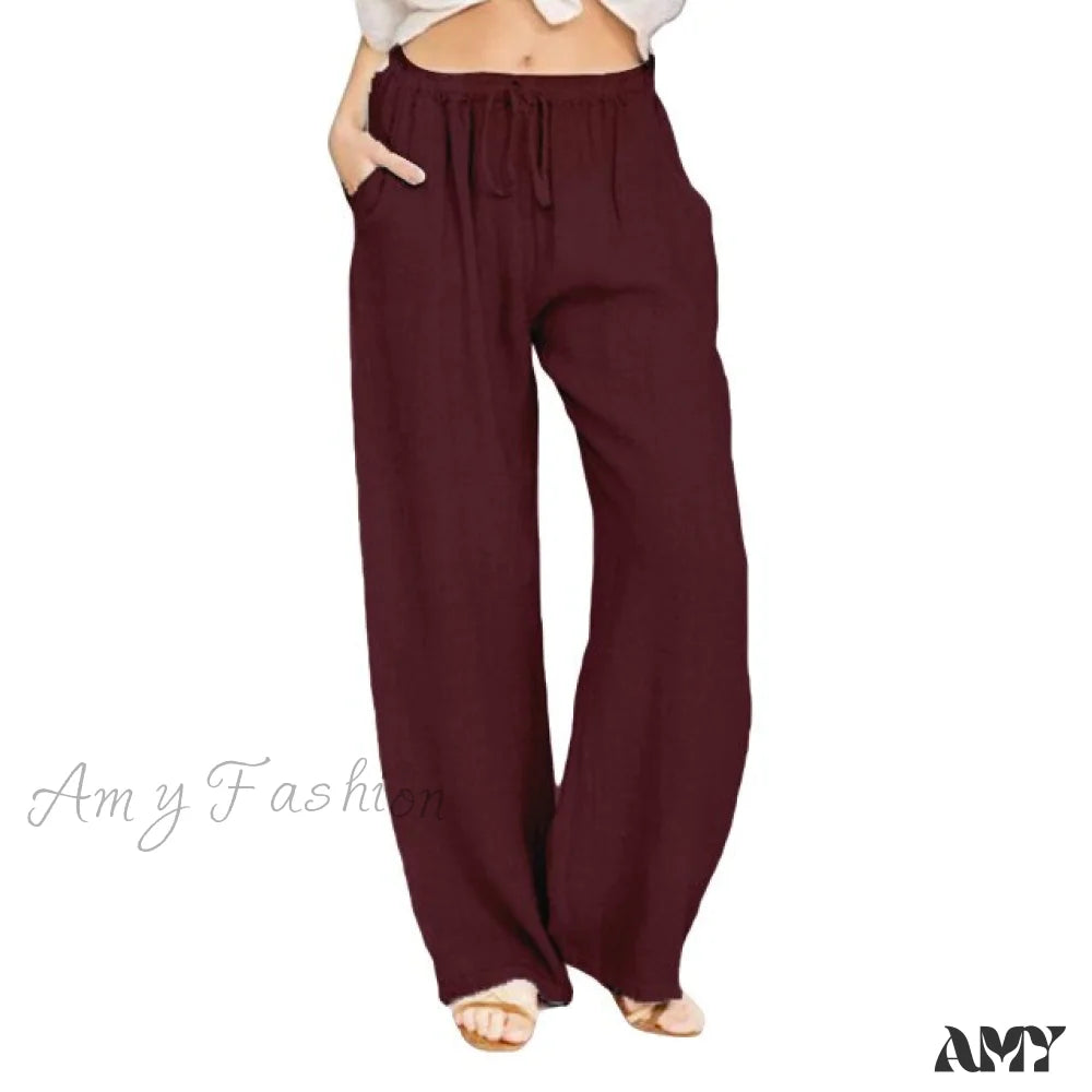 Amy Fashion - Wide Leg Lace-Up Pants Burgundy / S