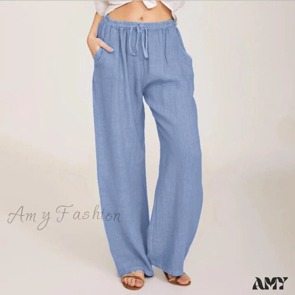 Amy Fashion - Wide Leg Lace-Up Pants Light Blue / S