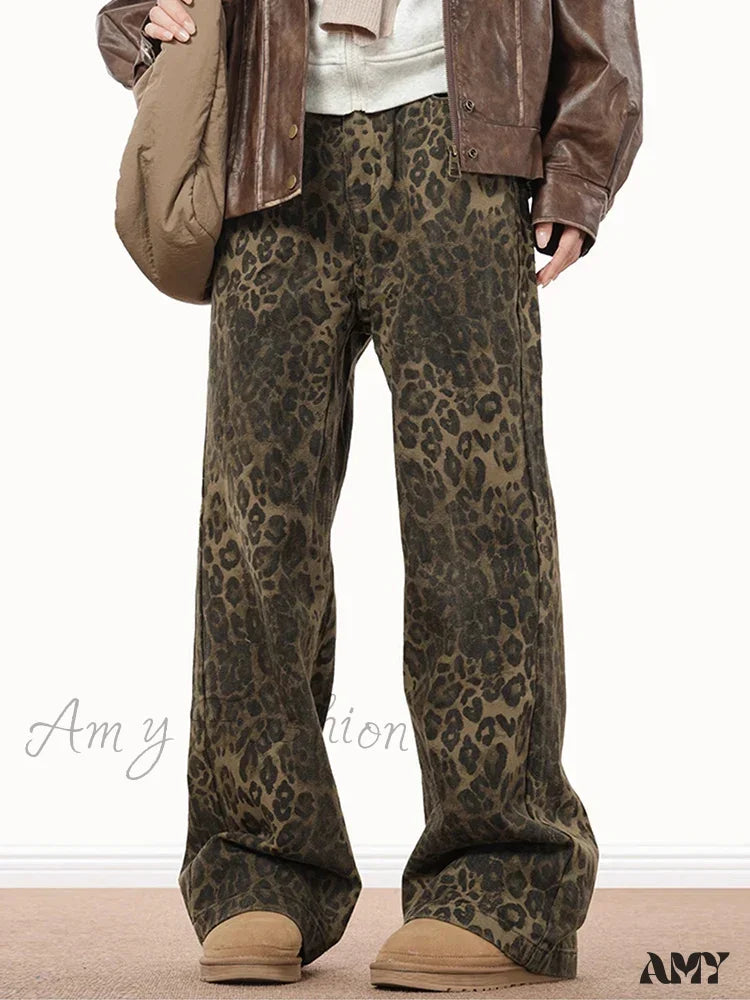 Amy Fashion - Wide Leg Leopard Print Women 2024 Y2K High Waisted Streetwear Retro Denim Baggy