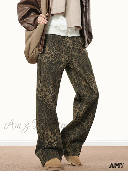 Amy Fashion - Wide Leg Leopard Print Women 2024 Y2K High Waisted Streetwear Retro Denim Baggy