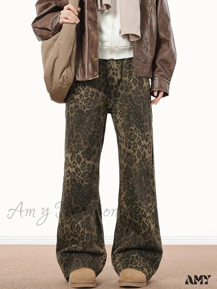 Amy Fashion - Wide Leg Leopard Print Women 2024 Y2K High Waisted Streetwear Retro Denim Baggy