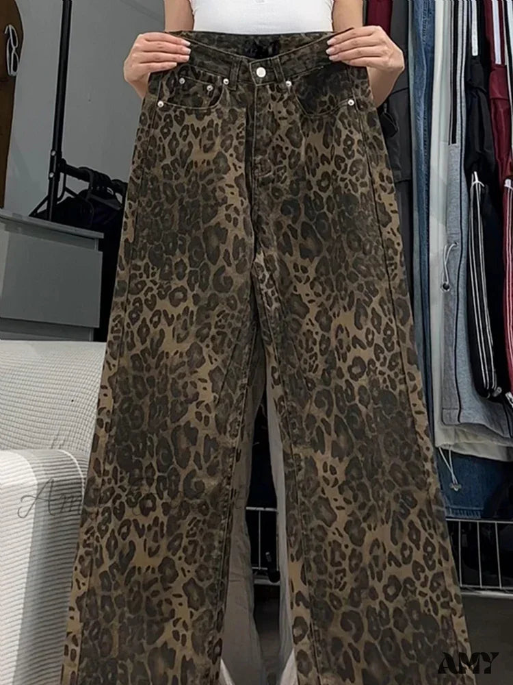 Amy Fashion - Wide Leg Leopard Print Women High Waisted 2024 Y2K Streetwear Retro Denim Baggy