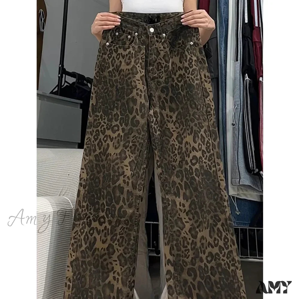 Amy Fashion - Wide Leg Leopard Print Women High Waisted 2024 Y2K Streetwear Retro Denim Baggy