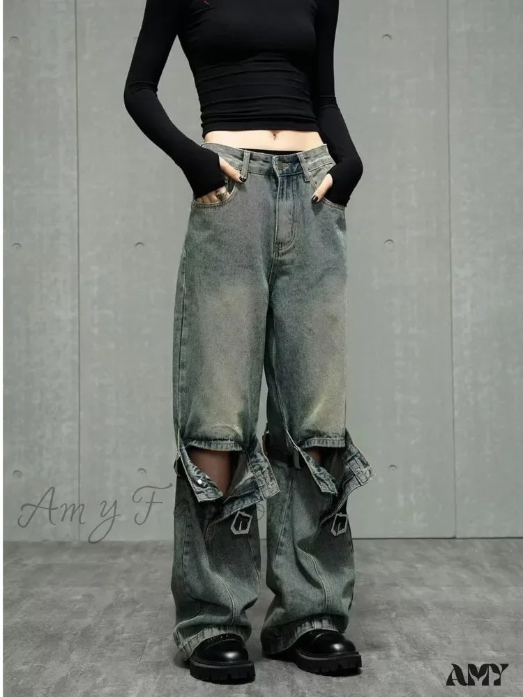 Amy Fashion - Wide Leg Washed For Men And Women Straight Tube Loose Fitting Retro High Street Niche