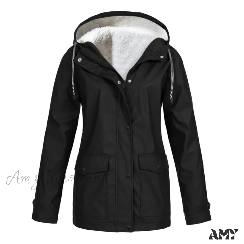 Amy Fashion - Windproof Waterproof Hooded Jacket Black / S