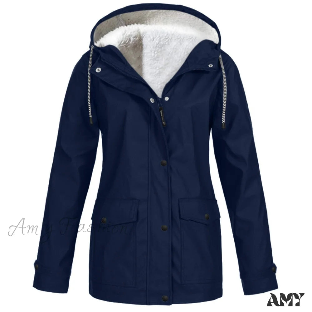 Amy Fashion - Windproof Waterproof Hooded Jacket Navy Blue / S