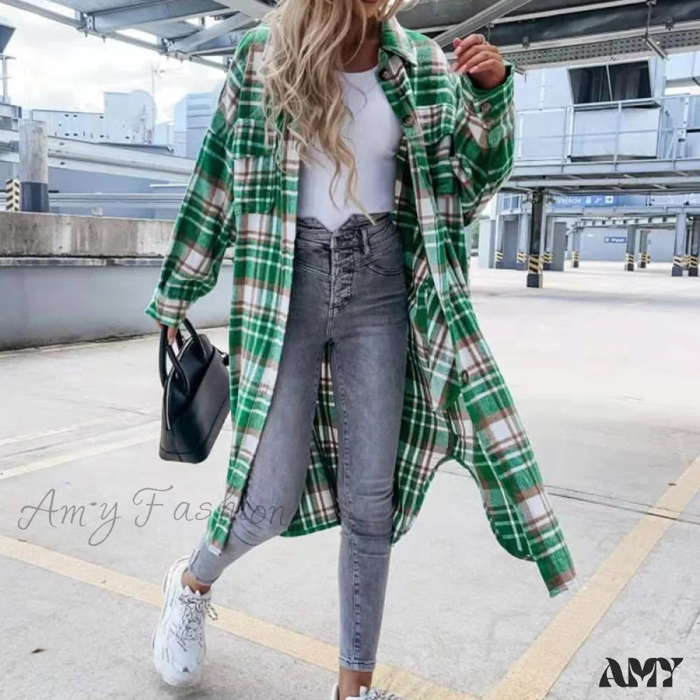 Amy Fashion - Winter Casual Turn-Down Collar Wool Coat Long Sleeve Loose Outwear Green / S