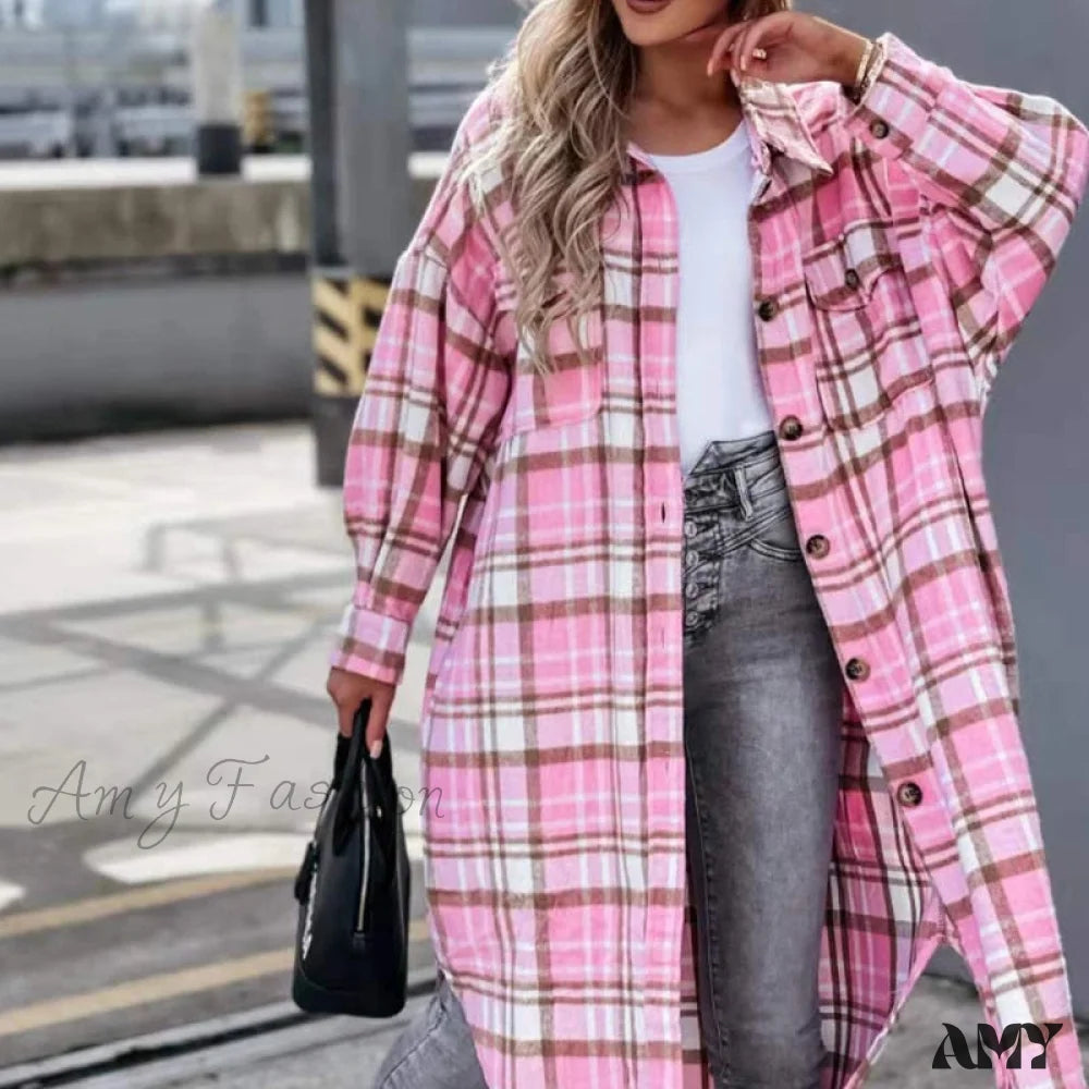 Amy Fashion - Winter Casual Turn-Down Collar Wool Coat Long Sleeve Loose Outwear Pink / S