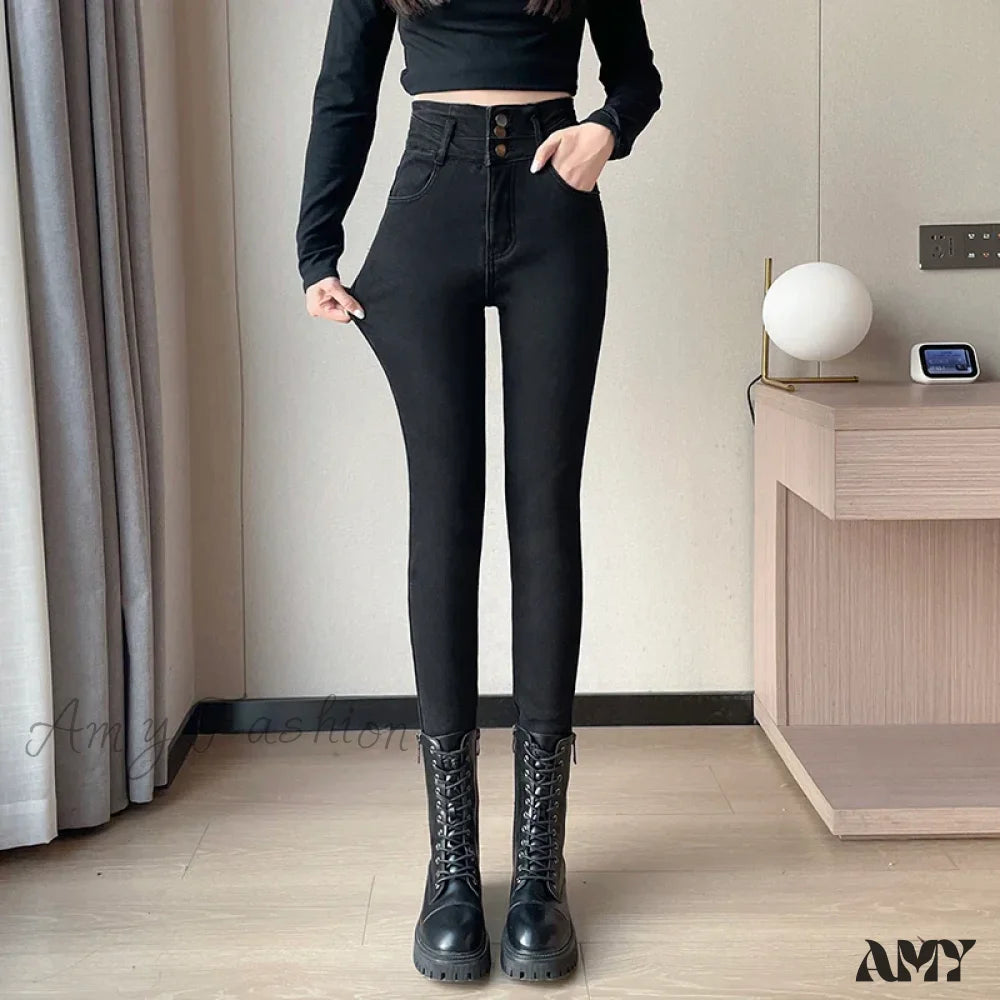 Amy Fashion - Winter Plus Velvet Skinny Women Stretch Denim Trousers Retro Patchwork Autumn Warm