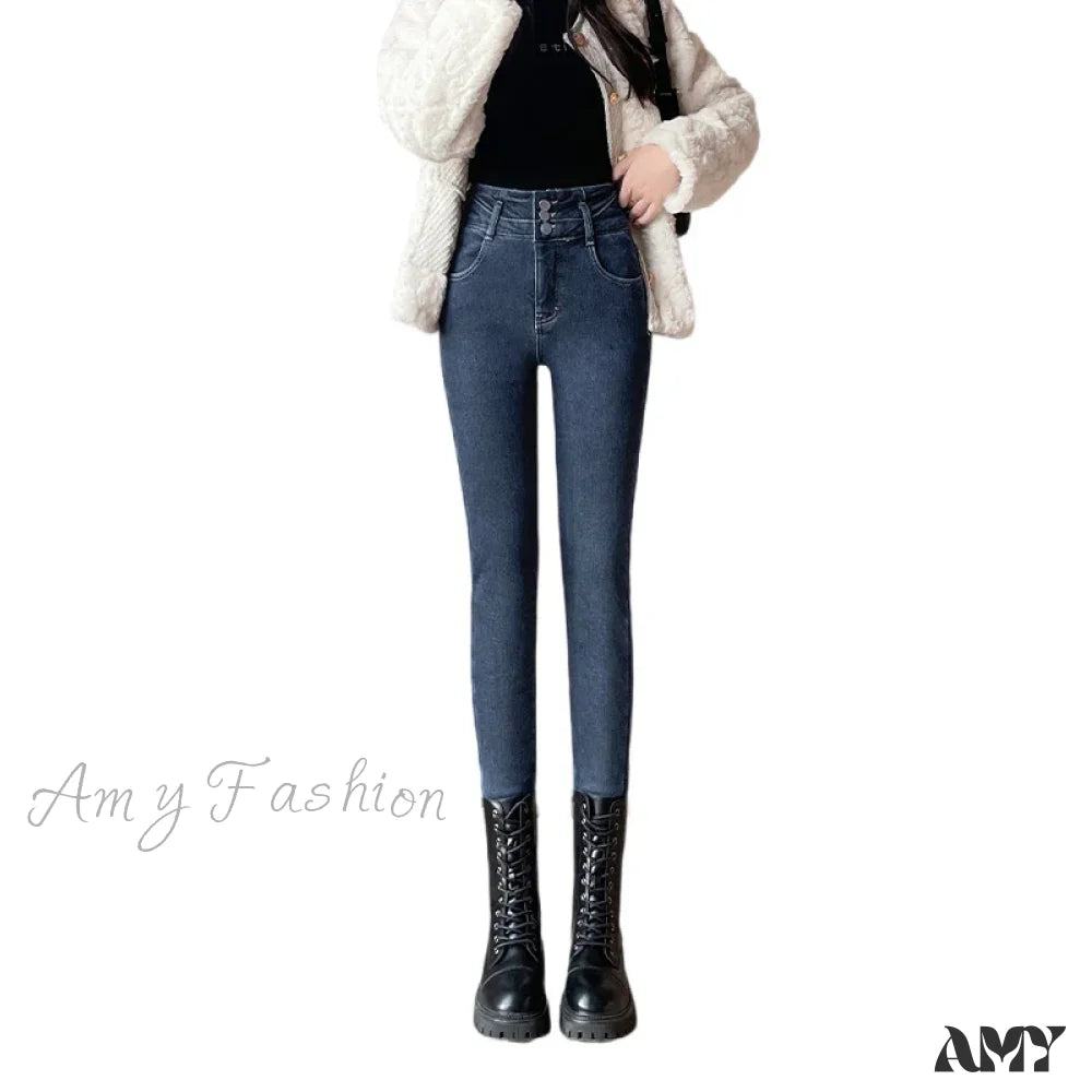 Amy Fashion - Winter Plus Velvet Skinny Women Stretch Denim Trousers Retro Patchwork Autumn Warm