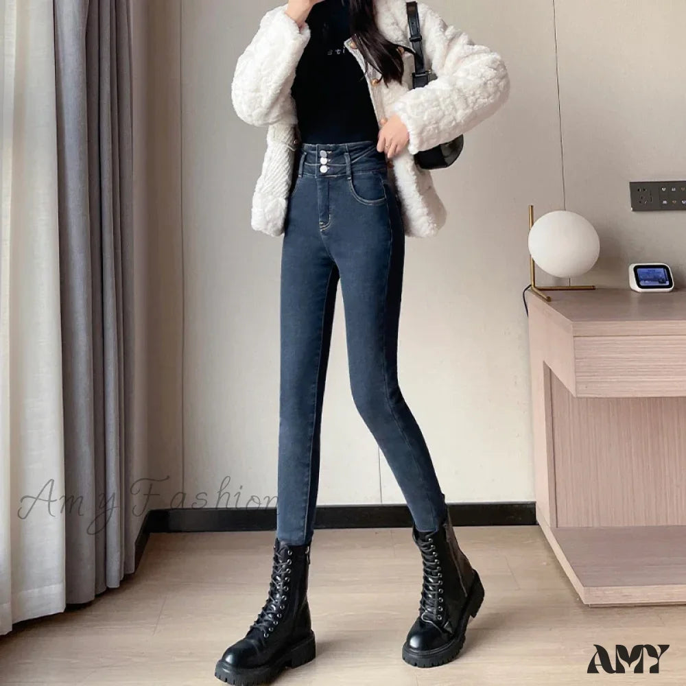 Amy Fashion - Winter Plus Velvet Skinny Women Stretch Denim Trousers Retro Patchwork Autumn Warm