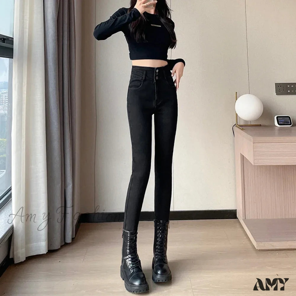 Amy Fashion - Winter Plus Velvet Skinny Women Stretch Denim Trousers Retro Patchwork Autumn Warm