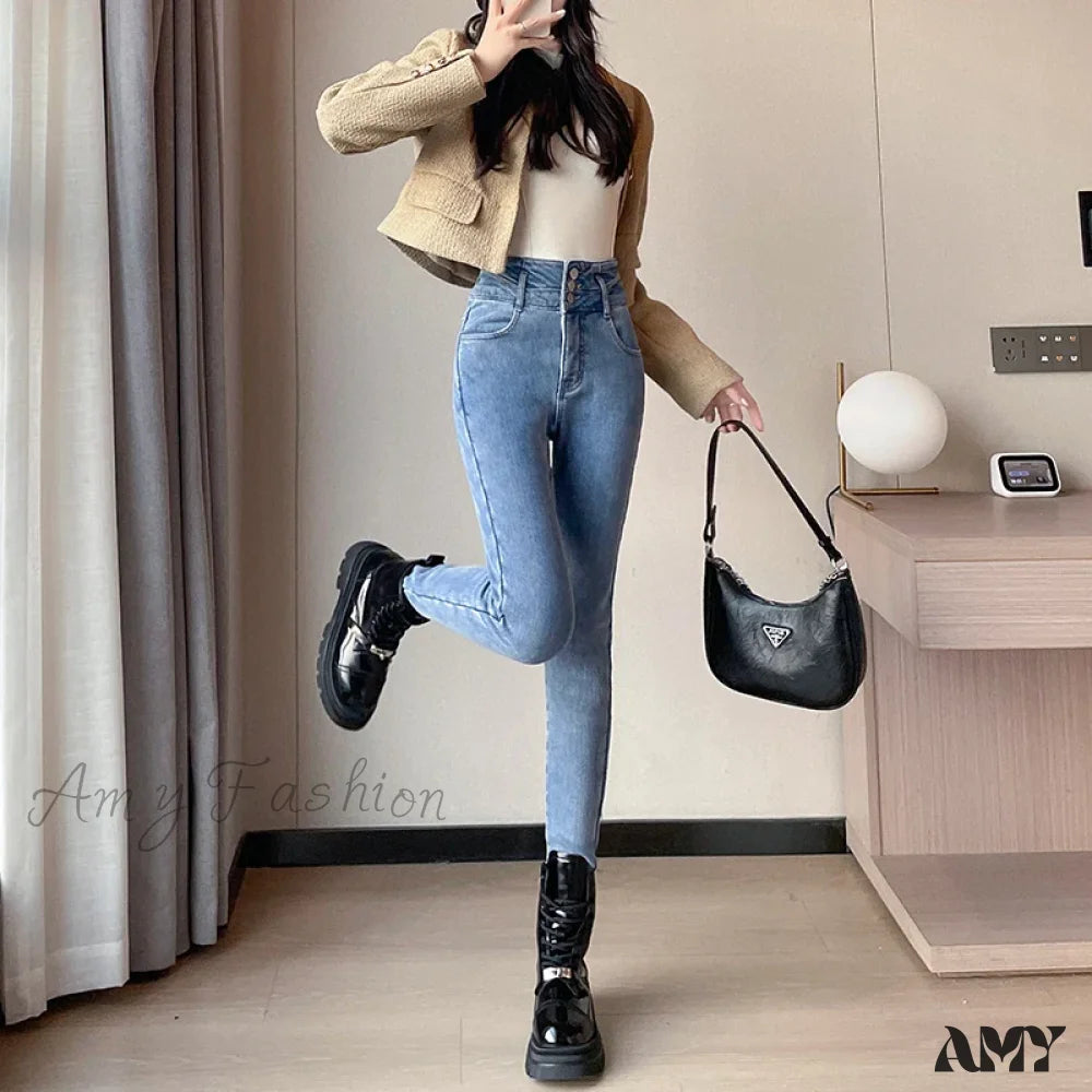 Amy Fashion - Winter Plus Velvet Skinny Women Stretch Denim Trousers Retro Patchwork Autumn Warm