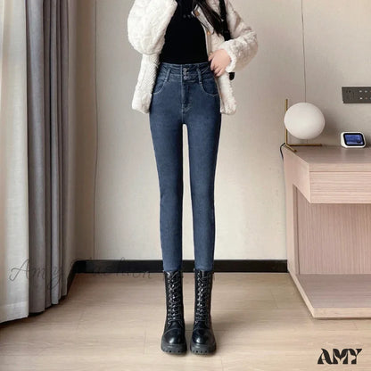 Amy Fashion - Winter Plus Velvet Skinny Women Stretch Denim Trousers Retro Patchwork Autumn Warm