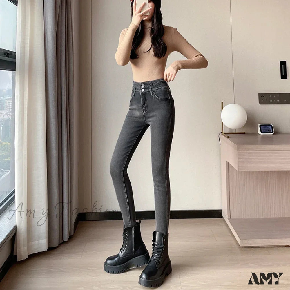 Amy Fashion - Winter Plus Velvet Skinny Women Stretch Denim Trousers Retro Patchwork Autumn Warm