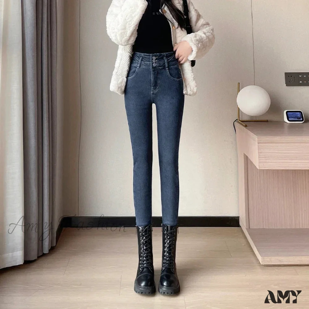 Amy Fashion - Winter Plus Velvet Warm Women Thickened High Waist Casual Slim Stretch Denim Trousers