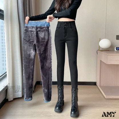 Amy Fashion - Winter Plus Velvet Warm Women Thickened High Waist Casual Slim Stretch Denim Trousers