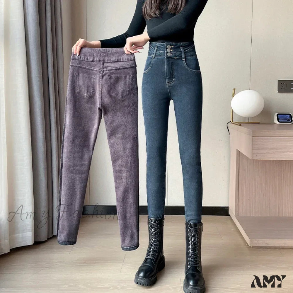 Amy Fashion - Winter Plus Velvet Warm Women Thickened High Waist Casual Slim Stretch Denim Trousers