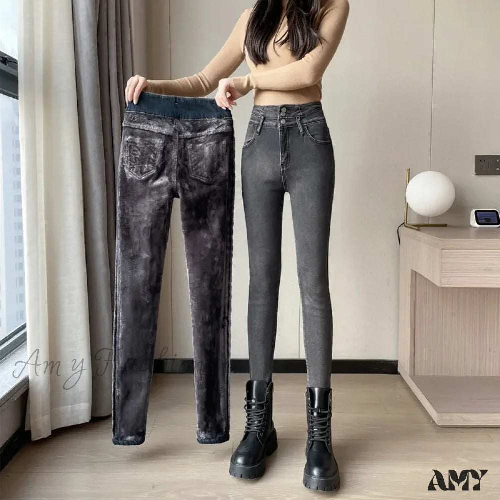 Amy Fashion - Winter Plus Velvet Warm Women Thickened High Waist Casual Slim Stretch Denim Trousers