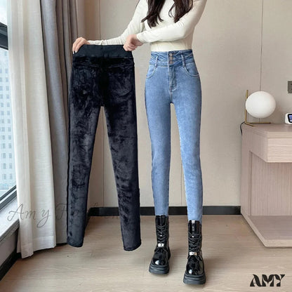 Amy Fashion - Winter Plus Velvet Warm Women Thickened High Waist Casual Slim Stretch Denim Trousers